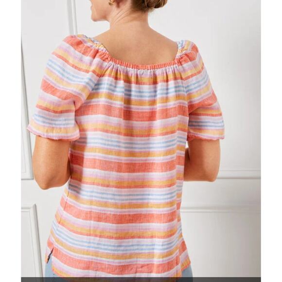 TALBOTS Square Neck 100% Linen Top Palm Stripe Short Sleeve Women's Size XL - Picture 2 of 8